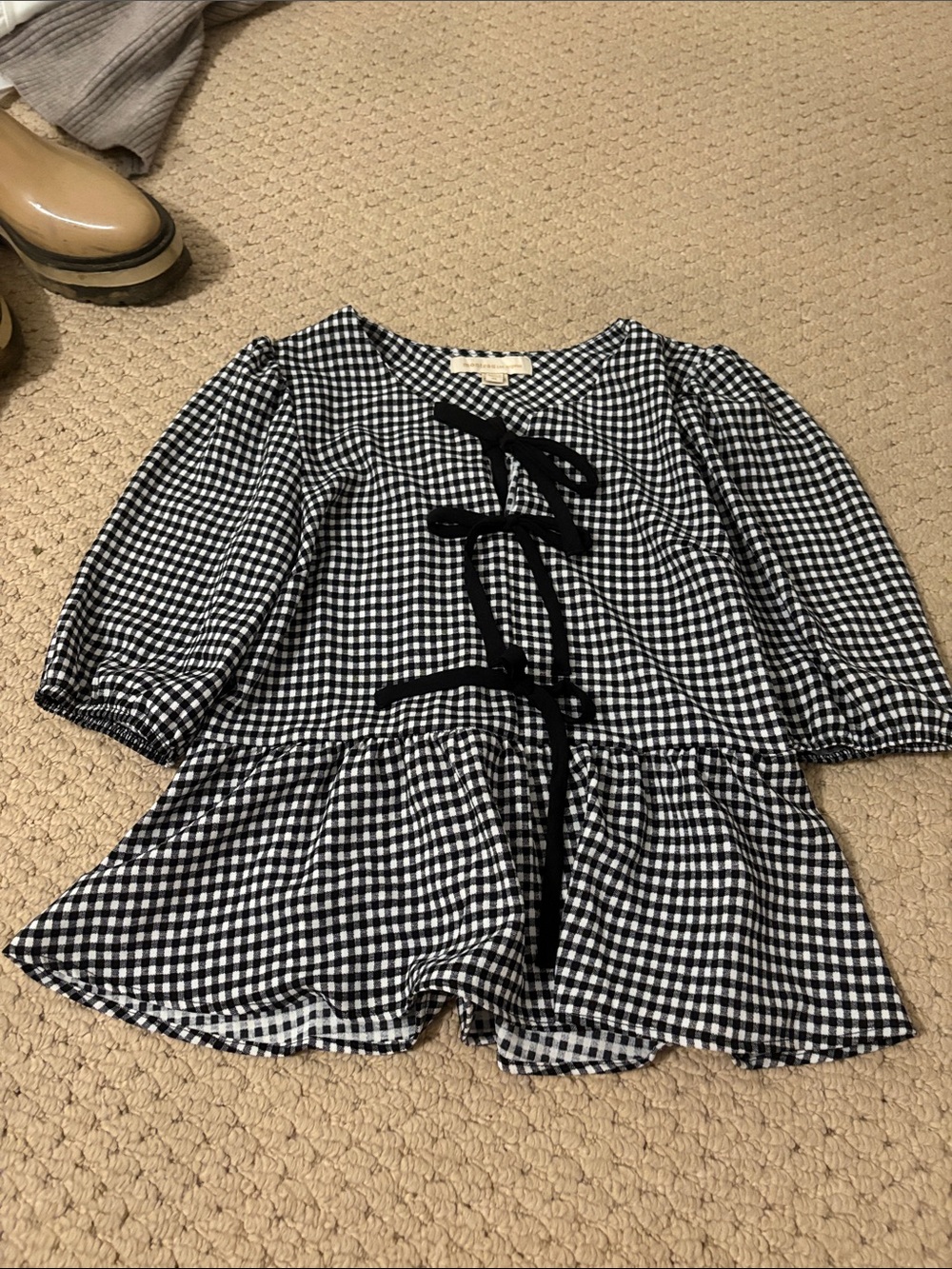Gingham Tie-Front Peplum Blouse in Black and White